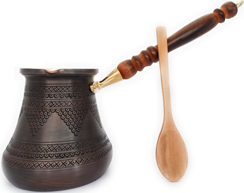 DEDE Copper - PCZ Series (XXLarge-28fl.oz) - Thickest Solid Copper Engraved/Hammered Turkish Greek Arabic Coffee Pot with Wooden Handle, Stovetop Coffee Maker Cezve,Jezve,Jazva,Ibrik,Briki (Antique) - Image 1